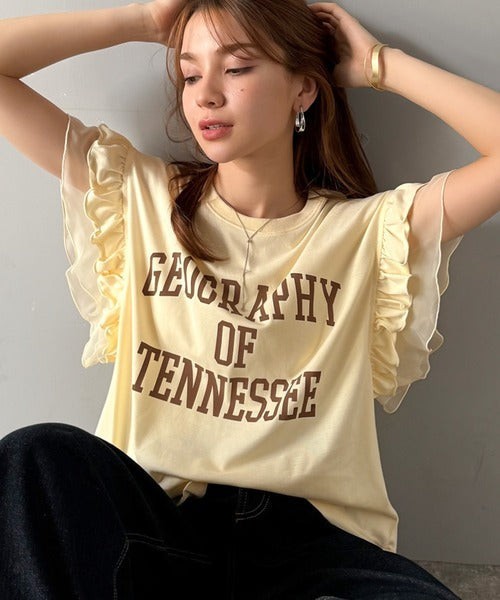 【mily bilet】可愛さふわり2倍増し！ ダブルフリル袖カレッジライクロゴゆるTシャツ mi1329036