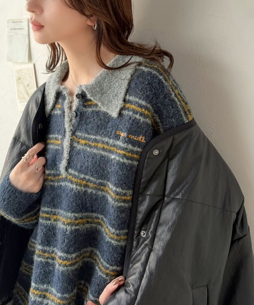 メンズライクに女子っぽさを。胸刺繍ブークレ配色ボーダーニットポロ（長袖） ce1240142
