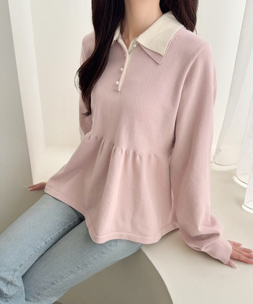 【mily bilet】衿でときめき、裾で華やぐ。パール調ボタン配色ダブルカラーペプラムニット（長袖） mi1359072