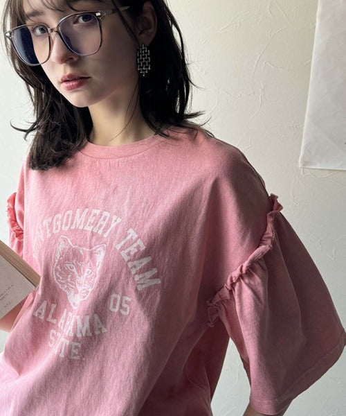 レディなヴィンテージスタイル。綿100％カレッジピグメント袖フリルTシャツ ce1020221