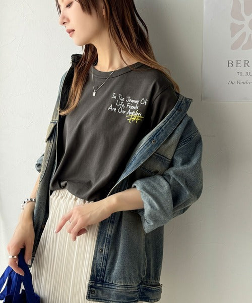 【sustaina+】アートのように刺繍が映える。オーガニックコットン100%らくがき風刺繍 無地＆ボーダー柄半袖Tシャツ ce1260396