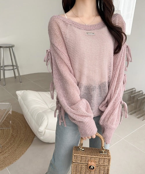 【mily bilet】大人のきらめき。プレートデザイン透かし編み袖リボンラメニット(ワンオフショル2way) mi1259009