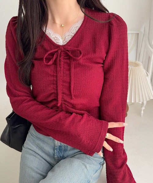 【mily bilet】レース×シャーリングで、甘さをひとさじ。レースドッキングパフスリーブジャガードトップス（長袖） mi1359080