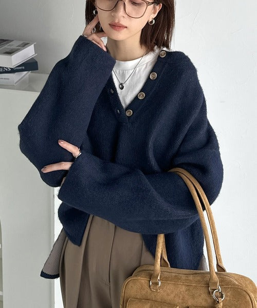 自然な華奢見え。さりげない配色でこなれ感を演出♪ダブルフェイス素材クルーネック配色ニットプルオーバー（長袖） ce1380004