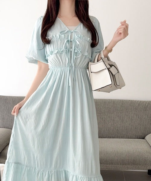 【mily bilet】1枚で華やぐ♪揺れ感シアーフリルリボンプリーツロングワンピース mi1019134