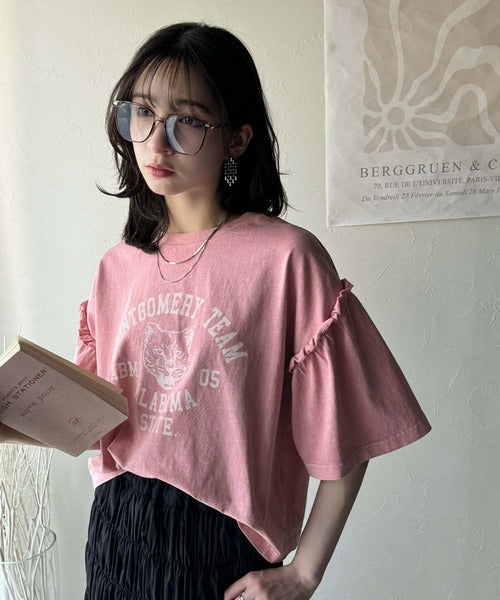 レディなヴィンテージスタイル。綿100％カレッジピグメント袖フリルTシャツ ce1020221
