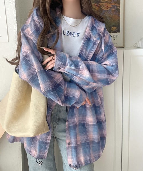 ゆるっと羽織ってかわいくキマる。”旬顔”  裾ドロスト微起毛チェック柄オーバーサイズシャツパーカー ce1010568
