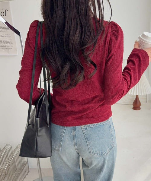 【mily bilet】レース×シャーリングで、甘さをひとさじ。レースドッキングパフスリーブジャガードトップス（長袖） mi1359080