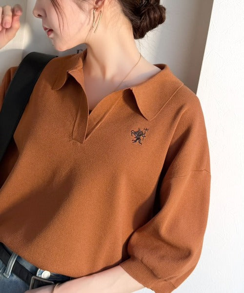 ラフなのにきちんと見え♪胸刺繍ミラノリブスキッパー襟プルオーバー ce1050362