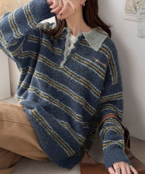 メンズライクに女子っぽさを。胸刺繍ブークレ配色ボーダーニットポロ（長袖） ce1240142