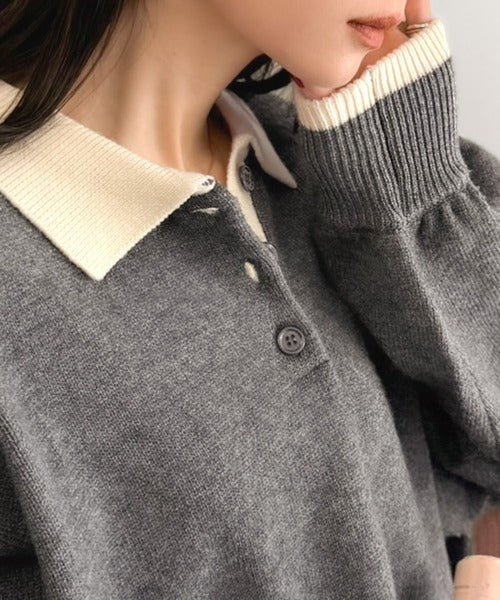 《JaVaジャバコラボ》たっぷりポロが可愛い。配色襟付きヘンリーオーバーサイズニット (長袖) jv1350020
