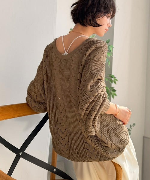 【Classical Evon】レトロな編み柄で華やぐ1枚。着回し抜群の 前後2way透かし編みニットカーディガン(長袖) ev1050375