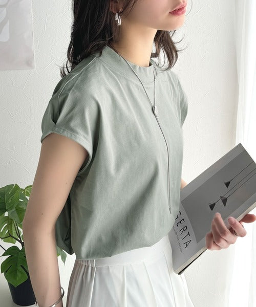 大人女子の上品ベーシック。綿100％シルケットモックネックフレンチTシャツ(刺繍) ce1260395