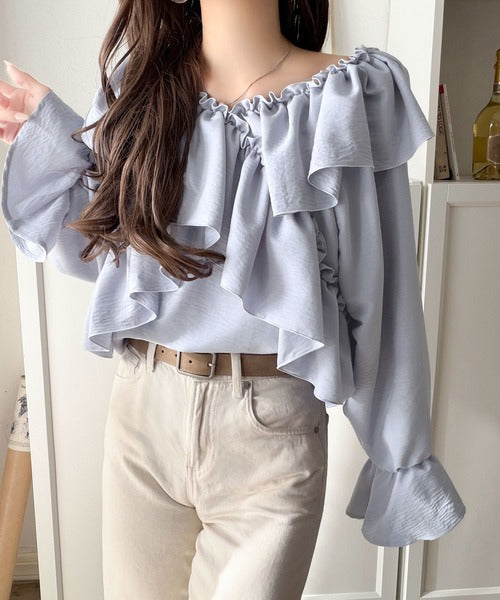 【mily bilet】大人の甘さがちょうどいい♪オフショル2wayキャンディースリーブカシュクールブラウス（長袖） mi1019127