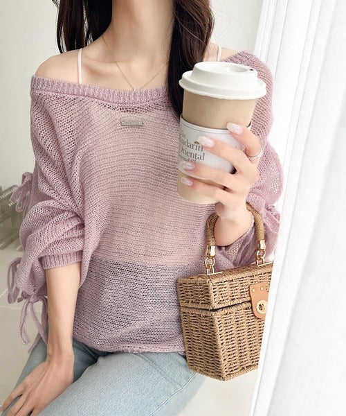 【mily bilet】大人のきらめき。プレートデザイン透かし編み袖リボンラメニット(ワンオフショル2way) mi1259009