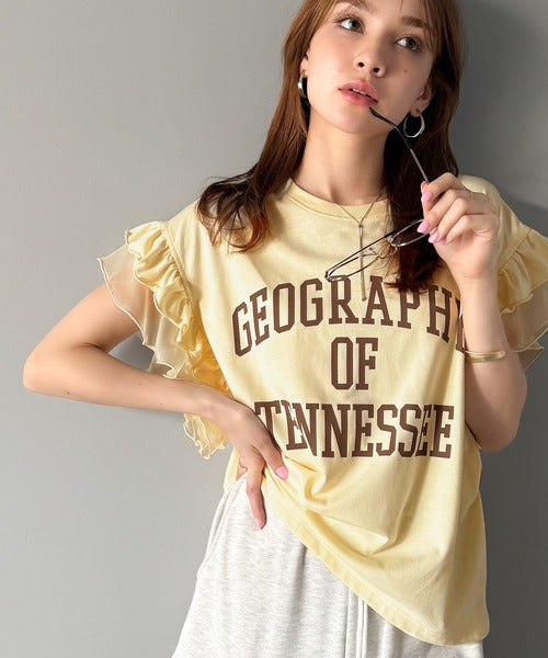【mily bilet】可愛さふわり2倍増し！ ダブルフリル袖カレッジライクロゴゆるTシャツ mi1329036