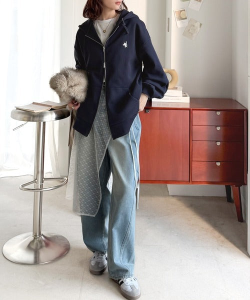 羽織って暖か、さらりと洒落感。胸元ワンポイント刺繍裏起毛ダブルジップパーカー（長袖） ce1260601