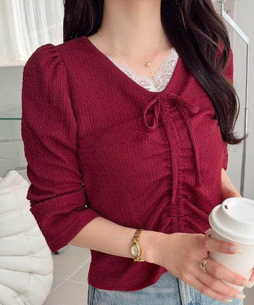 【mily bilet】レース×シャーリングで、甘さをひとさじ。レースドッキングパフスリーブジャガードトップス（長袖） mi1359080