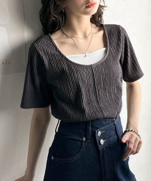 抜け感が大人の魅力♪前後2wayバックオープンジャガードトップス（半袖） ce1010412