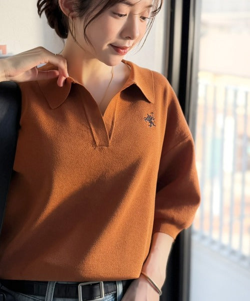ラフなのにきちんと見え♪胸刺繍ミラノリブスキッパー襟プルオーバー ce1050362
