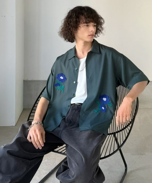 【接触冷感機能付き】サガラ刺繍フラワーステッチシャツ／Cool-Touch Fabric Sagara Embroidered Flower Stitch Shirt (半袖) co1320019