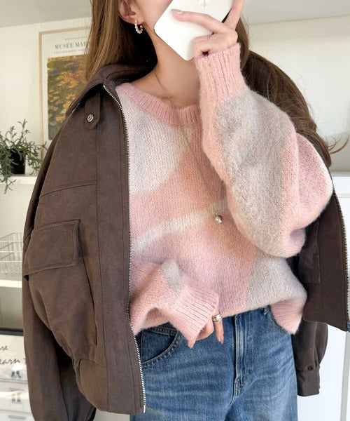 【mily bilet】きゅんモテニット♪柔らかな配色を、ふんわり軽やかに。ニュアンス柄短丈ニットプルオーバー mi1029208