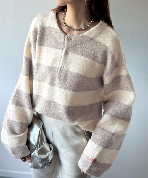 《JaVaジャバコラボ》ボーダー＆無地で大人女子のリアルバイ◎ヘンリーネックラガーニットプルオーバー（長袖） jv1020270
