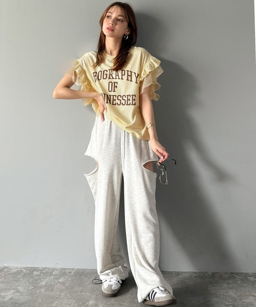【mily bilet】可愛さふわり2倍増し！ ダブルフリル袖カレッジライクロゴゆるTシャツ mi1329036