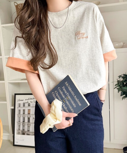 《JaVaジャバコラボ》大人の色魅せ、軽やかに映える。綿100％ 胸刺繍入り 袖配色切り替え Tシャツ（半袖） jv1330106