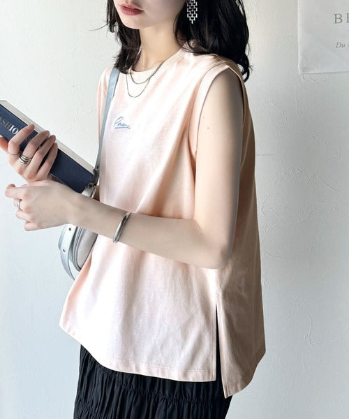 接触冷感♪大人カジュアルを格上げ！胸元ワンポイント刺繍ノースリーブトップ ce1050275
