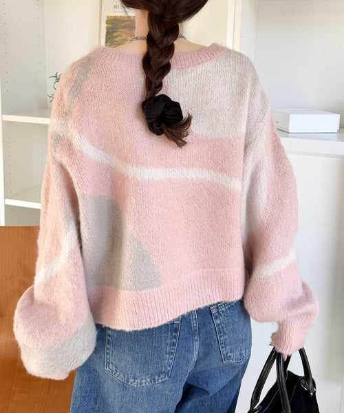 【mily bilet】きゅんモテニット♪柔らかな配色を、ふんわり軽やかに。ニュアンス柄短丈ニットプルオーバー mi1029208