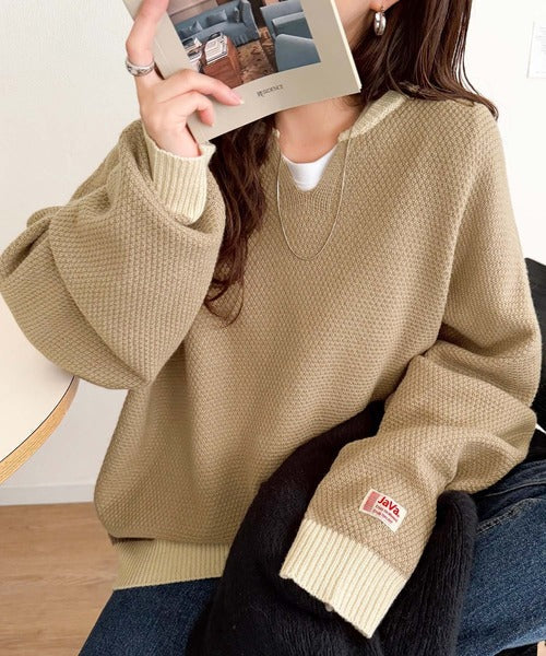《JaVaジャバコラボ》ざっくり×配色が旬顔。配色スキッパーオーバーサイズ鹿の子編みニット（長袖） jv1410040