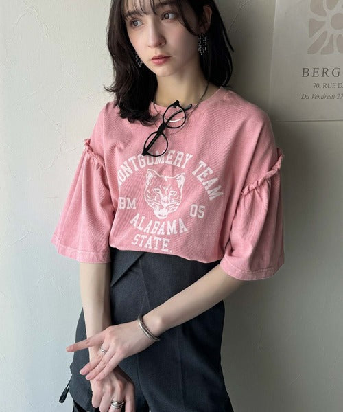 レディなヴィンテージスタイル。綿100％カレッジピグメント袖フリルTシャツ ce1020221