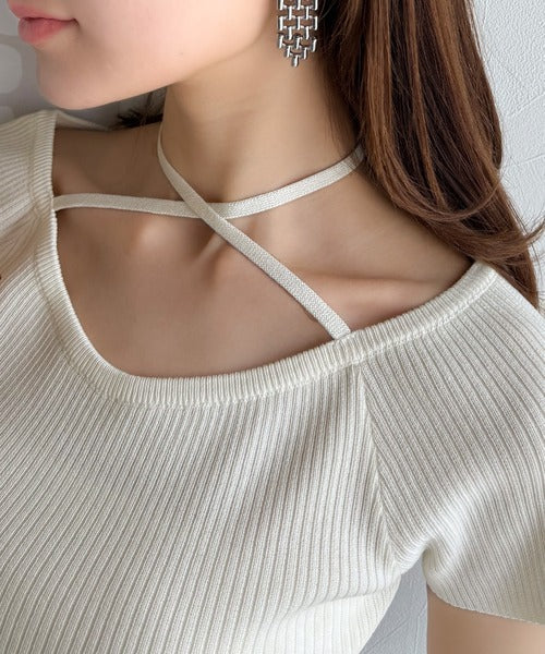 【mily bilet】お洒落この夏さらっと着れる♪チョーカーリボン紐付きサマーニットトップス(半袖) mi1029110