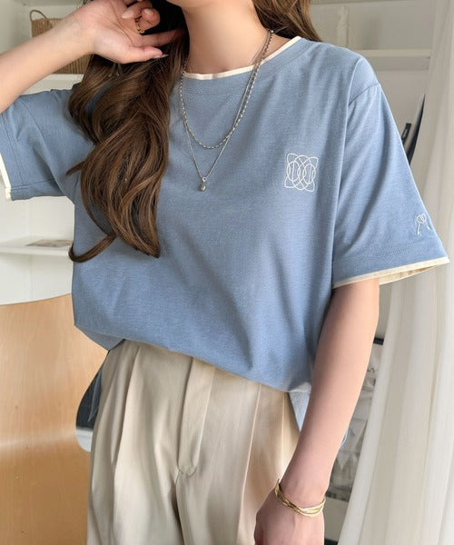 【接触冷感・吸水速乾・UVカット機能付き】リッチカジュアルなアイテム。ダブルカラーポイント刺繍TEE ce1110189