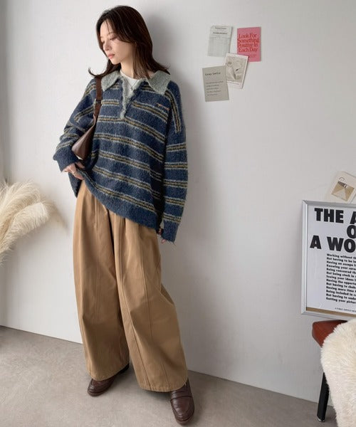 メンズライクに女子っぽさを。胸刺繍ブークレ配色ボーダーニットポロ（長袖） ce1240142