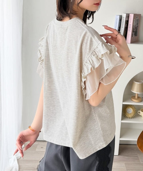 【mily bilet】可愛さふわり2倍増し！ ダブルフリル袖カレッジライクロゴゆるTシャツ mi1329036