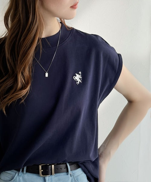 大人女子の上品ベーシック。綿100％シルケットモックネックフレンチTシャツ(刺繍) ce1260395