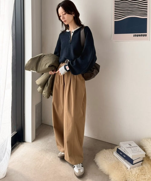 《JaVaジャバコラボ》ふっくら、袖たっぽり。ワッフル編みヘンリーネックオーバーサイズ配色ニット jv1350022