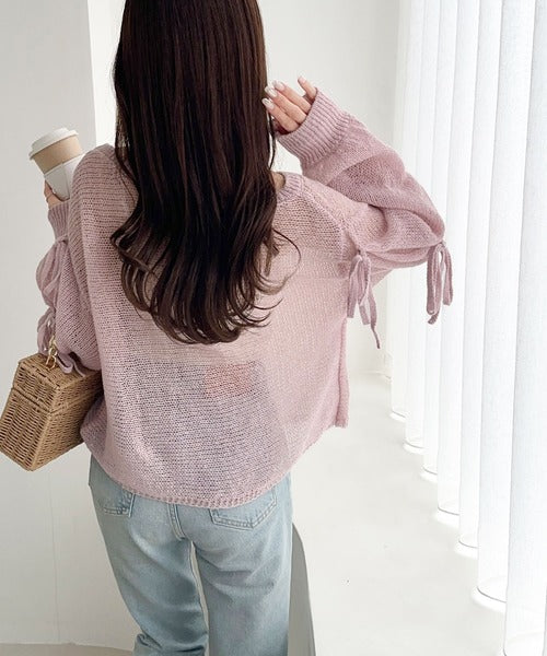 【mily bilet】大人のきらめき。プレートデザイン透かし編み袖リボンラメニット(ワンオフショル2way) mi1259009