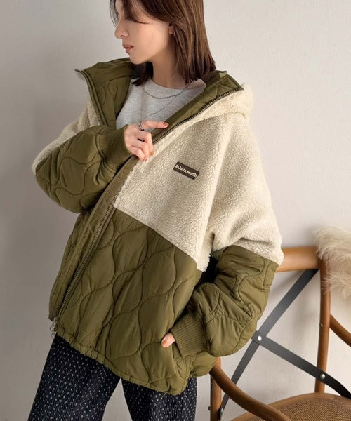《Javaジャバコラボ》お洒落映え、大人カジュアルスタイル。ボア中綿キルト切替フードダブルジップブルゾン jv1265113