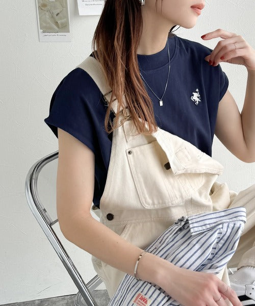 大人女子の上品ベーシック。綿100％シルケットモックネックフレンチTシャツ(刺繍) ce1260395