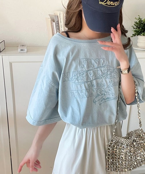 綿100%メンズライクヴィンテージウォッシュ☆前後2way刺繍ワイドネックTシャツ ce1260421