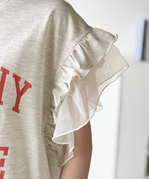 【mily bilet】可愛さふわり2倍増し！ ダブルフリル袖カレッジライクロゴゆるTシャツ mi1329036