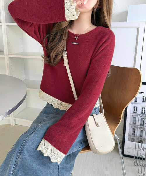 【mily bilet】裾レースとパールが、大人の甘さを引き立てる。前後2way配色ニットレースカーディガン mi1029195