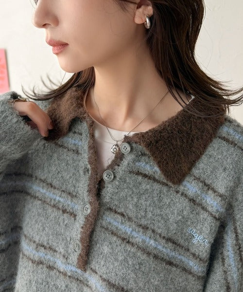 メンズライクに女子っぽさを。胸刺繍ブークレ配色ボーダーニットポロ（長袖） ce1240142