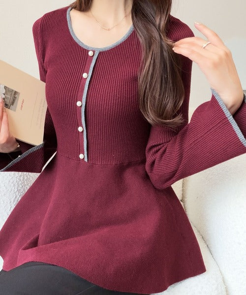 【mily bilet】秋薫る上品シルエット♪フリルで華やぐ主役級トップス。 配色パールボタンリブニットペプラムトップス mi1359031
