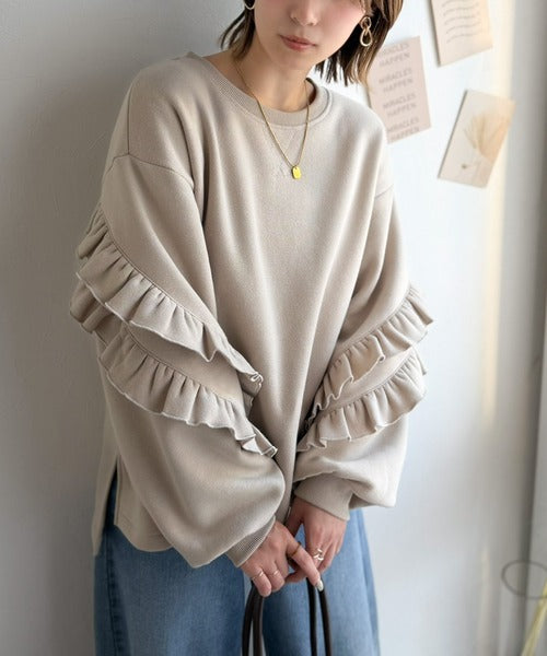 《JaVaジャバコラボ》6色展開♪スウェット界の甘さ革命!!!着心地あったか！袖2段フリル裏起毛オーバーサイズスウェット jv1010683