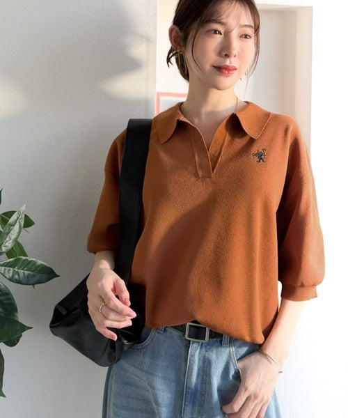 ラフなのにきちんと見え♪胸刺繍ミラノリブスキッパー襟プルオーバー ce1050362
