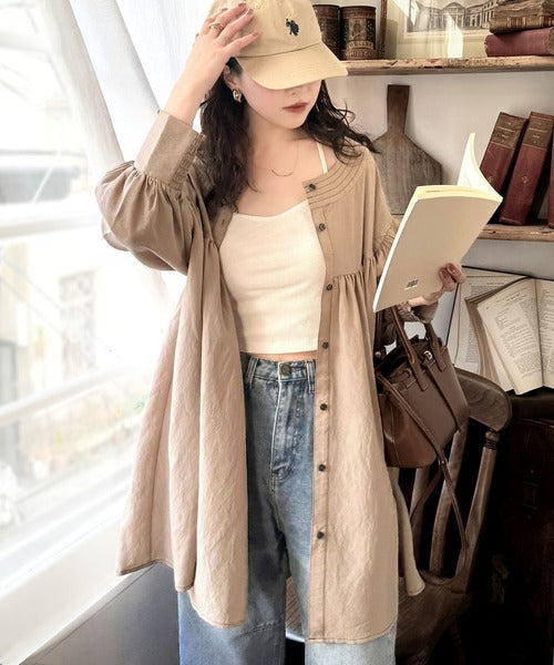 可愛さとトレンド感の両立。前後2WAY配色ステッチボリュームギャザーチュニックブラウス（長袖） ce1260376